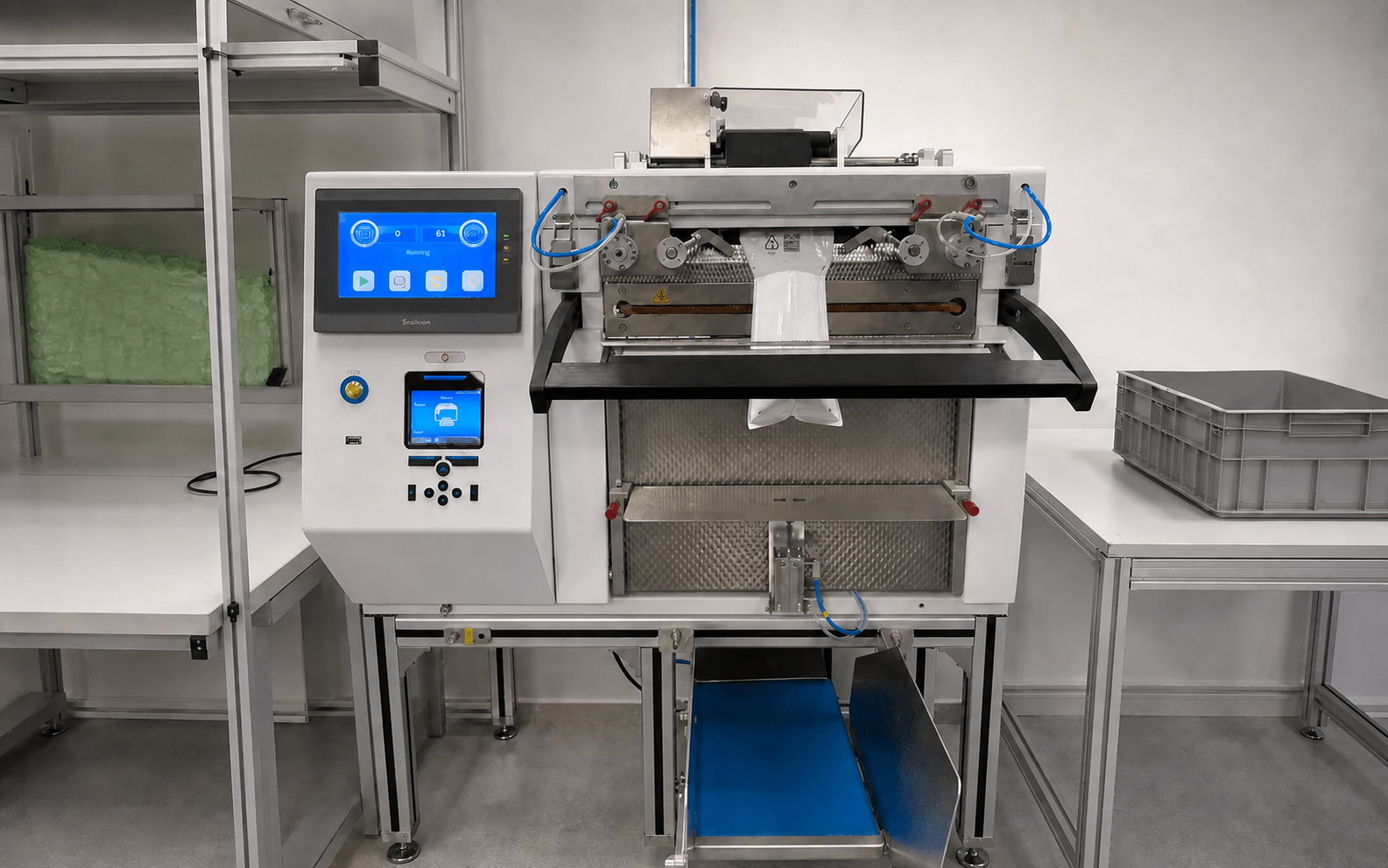 Automated bagging machine producing sealed product packs