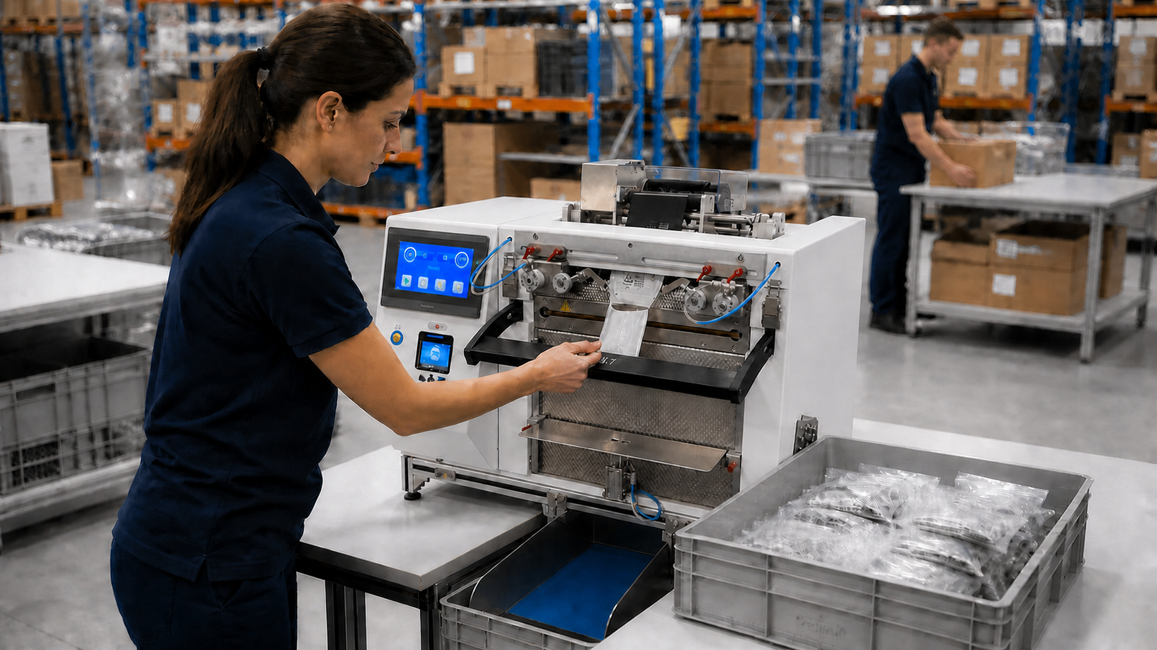 Operator using a compact automatic bagging workstation with pre-opened bags on a roll